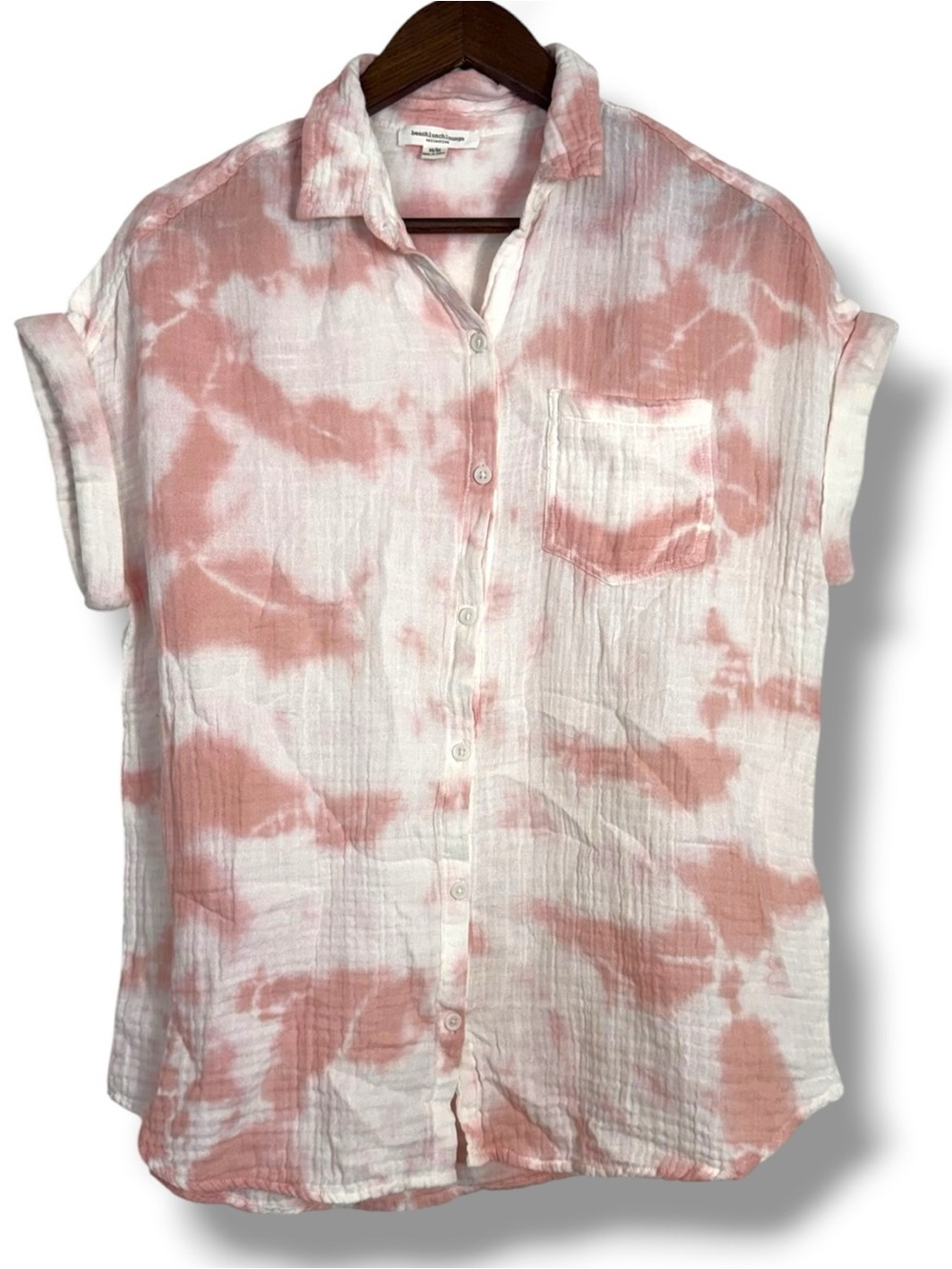 Beach Lunch Lounge Crinkle Gauze Pink White Tie-Dye Button Front Shirt Medium